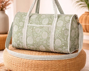 Sage Green Floral Duffle Bag Quilted Cotton Weekender Travel Bag Handmade Boho Bag boho travel bag overnight bag gym duffle bag carry on bag