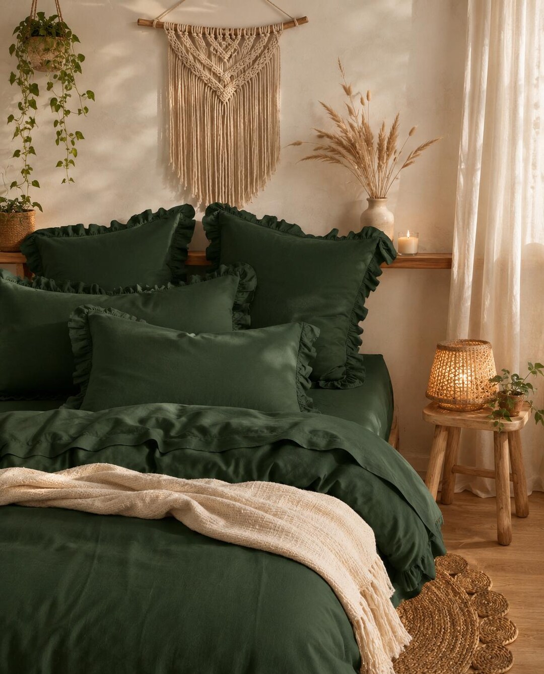 Forest Green Ruffle Duvet Cover Set | Bedding Set | Cottagecore Linen ...