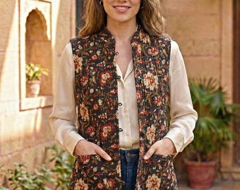 Handmade Floral Quilted Jacket Vest for Women, Vintage Block Print Cotton Waistcoat, Boho Ethnic Sleeveless Layering Jacket