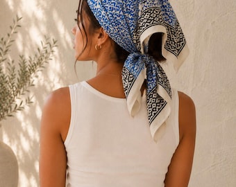 Blue Floral Block Print Bandana, Handmade Cotton Scarf, Boho Headband, Vintage Style Neck Scarf, Indian Handprinted Bandana