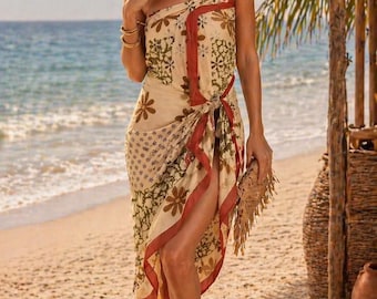 Boho Floral Cotton Sarong Wrap – Beach Cover-Up Pareo with Rustic Red Border | Summer Resort Wear | Handmade Lightweight Scarf