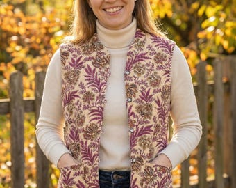 Floral Block Print Sleeveless Jacket, Women’s Quilted Cotton Vest Coat, Handmade Indian Boho Layering Wear Floral vest jacket Boho vest