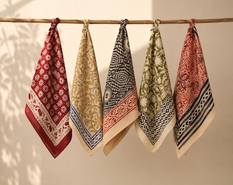 Set of 5 Hand Block Print Cotton Bandanas, Indian Floral Bandana Bundle, Boho Head Scarf, Square Cotton Kerchief, Gift Set