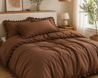 Cocoa Brown Ruffle Linen Duvet Cover Set, Washed Linen Bedding, Rustic Boho Bed Set, Farmhouse Bedding, Soft Linen Quilt Cover