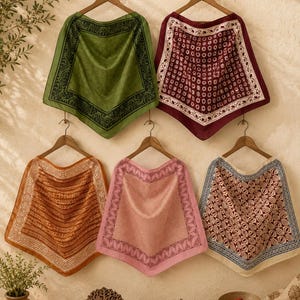 May include: Five square fabric cloths hanging on wooden hangers. The cloths feature various patterns and colours, including olive green, deep red, burnt orange, soft pink, and a cream-coloured cloth with a geometric maroon print and blue border.