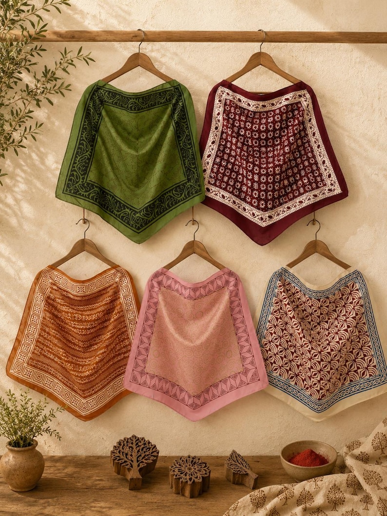 May include: Five square fabric cloths hanging on wooden hangers. The cloths feature various patterns and colours, including olive green, deep red, burnt orange, soft pink, and a cream-coloured cloth with a geometric maroon print and blue border.