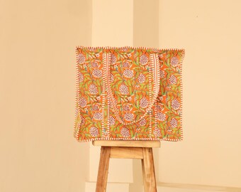 Hand Block Printed Cotton Quilted Tote Bag Orange Floral Quilted Shoulder Bag Eco-Friendly Shopping Tote Boho Travel Bag for Women Large Bag