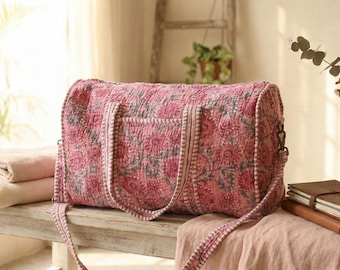Pink Floral Quilted Cotton Duffle Bag, Handmade Block Print Weekender Bag, Large Travel duffle with Shoulder Strap, Boho Overnight Gym Bag |