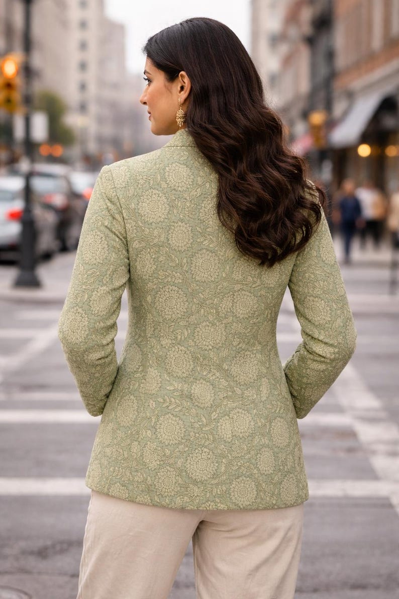 Hand Block Print Quilted Cotton Jacket, Sage Green Floral Jacket, Handmade Indian Jacket, Lightweight Ethnic Jacket, Boho Women Jacket | image 3