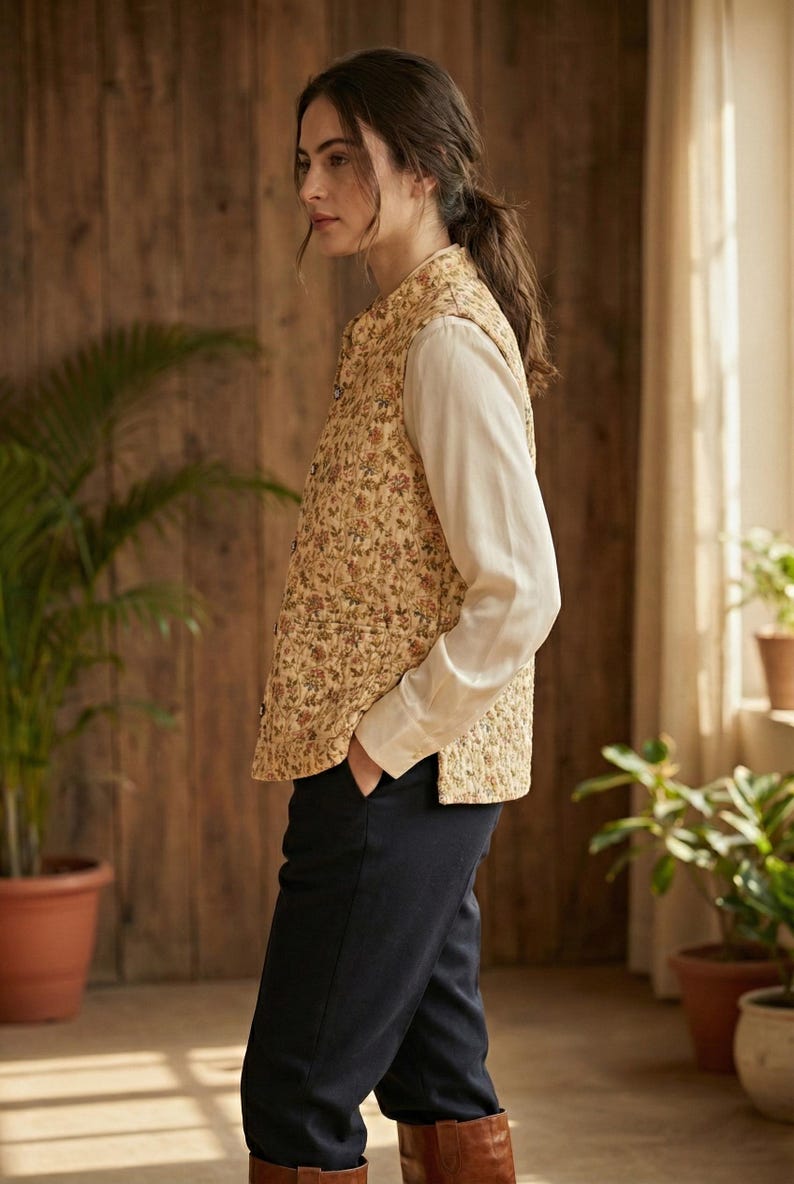 Puede incluir: Una mujer con un chaleco con estampado floral en beige, rojo, naranja y verde, sobre una camisa blanca de manga larga y pantalones azul oscuro. El conjunto se completa con botas marrones. El chaleco est&aacute; abrochado.