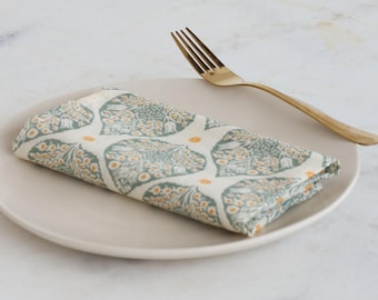 Guardanapo de algodão estampado à mão – Guardanapo de jantar floral verde-sálvia, guardanapo de tecido reutilizável, decoração de mesa de casamento ecológica
