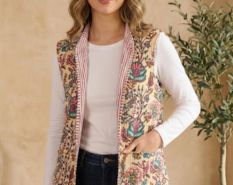 Hand Block Print Cotton Jacket for Women | Floral Quilted Waistcoat | Ethnic Indian Sleeveless Jacket | Lightweight Quilted Layer