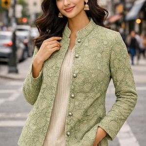 Hand Block Print Quilted Cotton Jacket, Sage Green Floral Jacket, Handmade Indian Jacket, Lightweight Ethnic Jacket, Boho Women Jacket | image 1