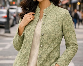 Hand Block Print Quilted Cotton Jacket, Sage Green Floral Jacket, Handmade Indian Jacket, Lightweight Ethnic Jacket, Boho Women Jacket |