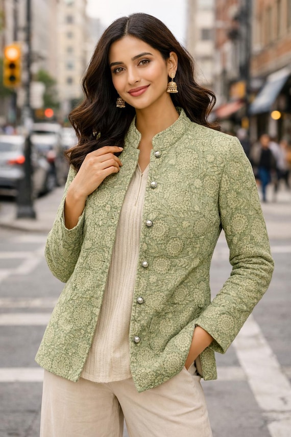 Hand Block Print Quilted Cotton Jacket, Sage Green Floral Jacket, Handmade Indian Jacket, Lightweight Ethnic Jacket, Boho Women Jacket |