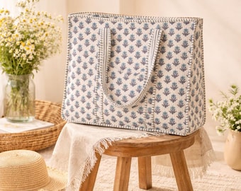 Handcrafted Blue Floral Block Print Cotton Tote Bag, Large Quilted Shoulder Bag, Lightweight Reusable Travel & Everyday Carry Handbag |