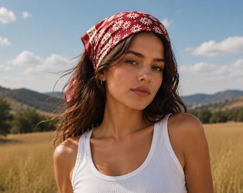 Rot Block Print Baumwolle Bandana | Handgefertigtes Boho Kopftuch | Vintage Stil Haar wickeln | Unisex Halstuch