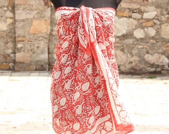 Pareo in cotone stampato a mano con tecnica block print / Sciarpa da spiaggia in stile boho