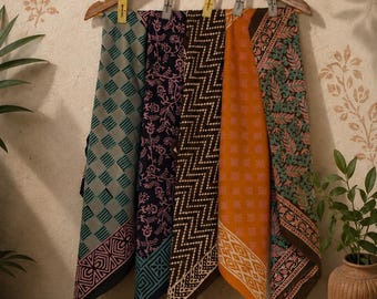Handtryckt bomullsbandana med blockmönster, set om 5 – Boho huvudduk, mjuka tryckta bandanas, håromslag, halsduk, present till kvinnor och män