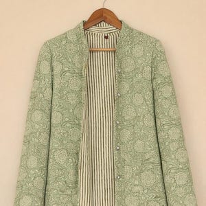 Hand Block Print Quilted Cotton Jacket, Sage Green Floral Jacket, Handmade Indian Jacket, Lightweight Ethnic Jacket, Boho Women Jacket | image 5