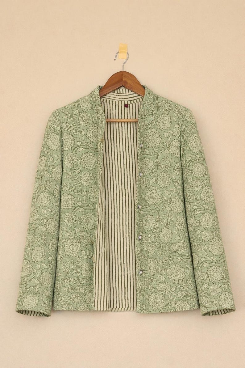 Hand Block Print Quilted Cotton Jacket, Sage Green Floral Jacket, Handmade Indian Jacket, Lightweight Ethnic Jacket, Boho Women Jacket | image 5