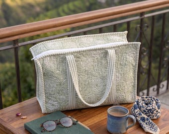 Quilted Floral Tote Bag | Handmade Cotton Shoulder Bag | Blue Floral Quilted Tote | Reusable Boho Shopping Tote Cotton Shoulder Bag