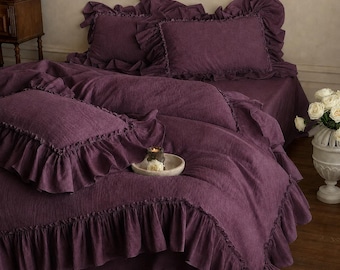 Plum Linen Ruffle Duvet Cover Set, Washed Linen Bedding, Rustic Farmhouse Bed Set, Boho Bedding, Ruffled Comforter Cover
