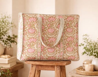 Cotton Quilted Floral Tote Bag Handmade Cotton Shoulder Bag Quilted Tote  Reusable Boho Tote Bag Market Shopping Tote Bag Womens Tote Bags