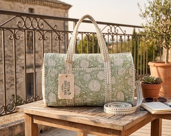 Lightweight Overnight Travel Bag Hand Block Print Cotton Duffel Bag with Floral Pattern – Quilted Travel & Weekend Shoulder Bag |