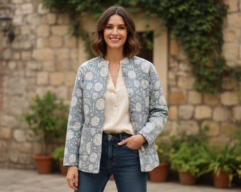 Blue Floral Jacket, Lightweight Botanical Print Blazer for Women, Handcrafted Floral Print Jacket, Modern Classic Women’s Outerwear|
