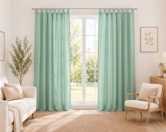 Mintgröna linnegardiner, halvtransparenta draperier med flikar, fönsterpaneler i lantlig stil, ljusfiltrerande gardin, bohemisk heminredning