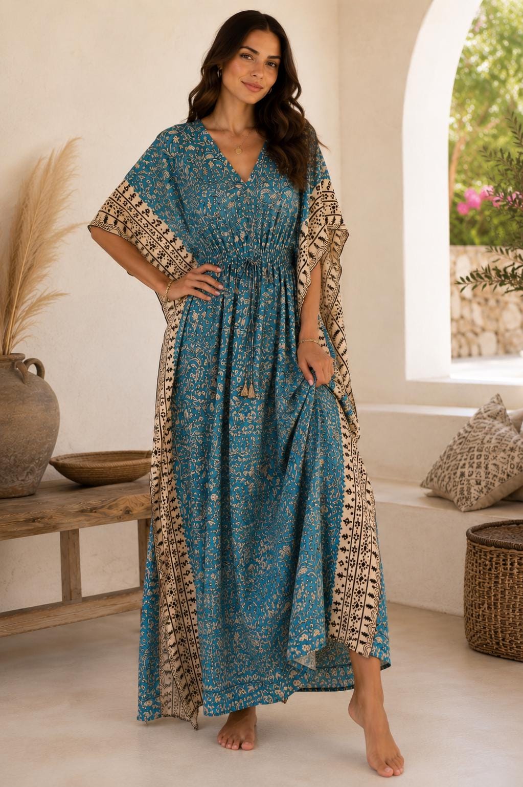 blue and beige dress Ecom Style:ADAE212188 Azazie Owen Black Lightweight Pick a Size:L length dress with hood