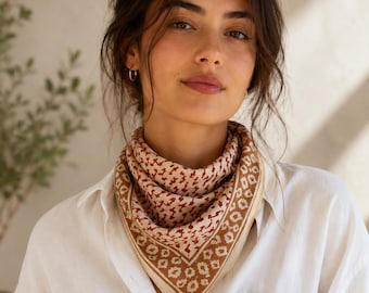Bandana Schal für Frauen, Hand Block Print Bandana Schal für Frauen, Baumwolle Halstuch, Boho Western Bandana, weiches handgemachtes Kopftuch, Neutral braun rot Halstuch Geschenk