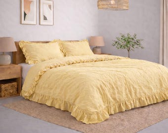 Pastell Gelb Leinen Bettwäsche Set, Weich gewaschene Leinen Bettwäsche, Tröster Set faltige Textur, Cottage Stil Schlafzimmer Dekor |