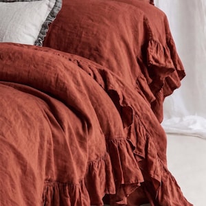 Ruffled Linen Duvet Cover Set in Redwood | Rust Shabby Chic Bedding | Terracotta Cottagecore Farmhouse Boho Bed Set | Ruffle Pillowcases