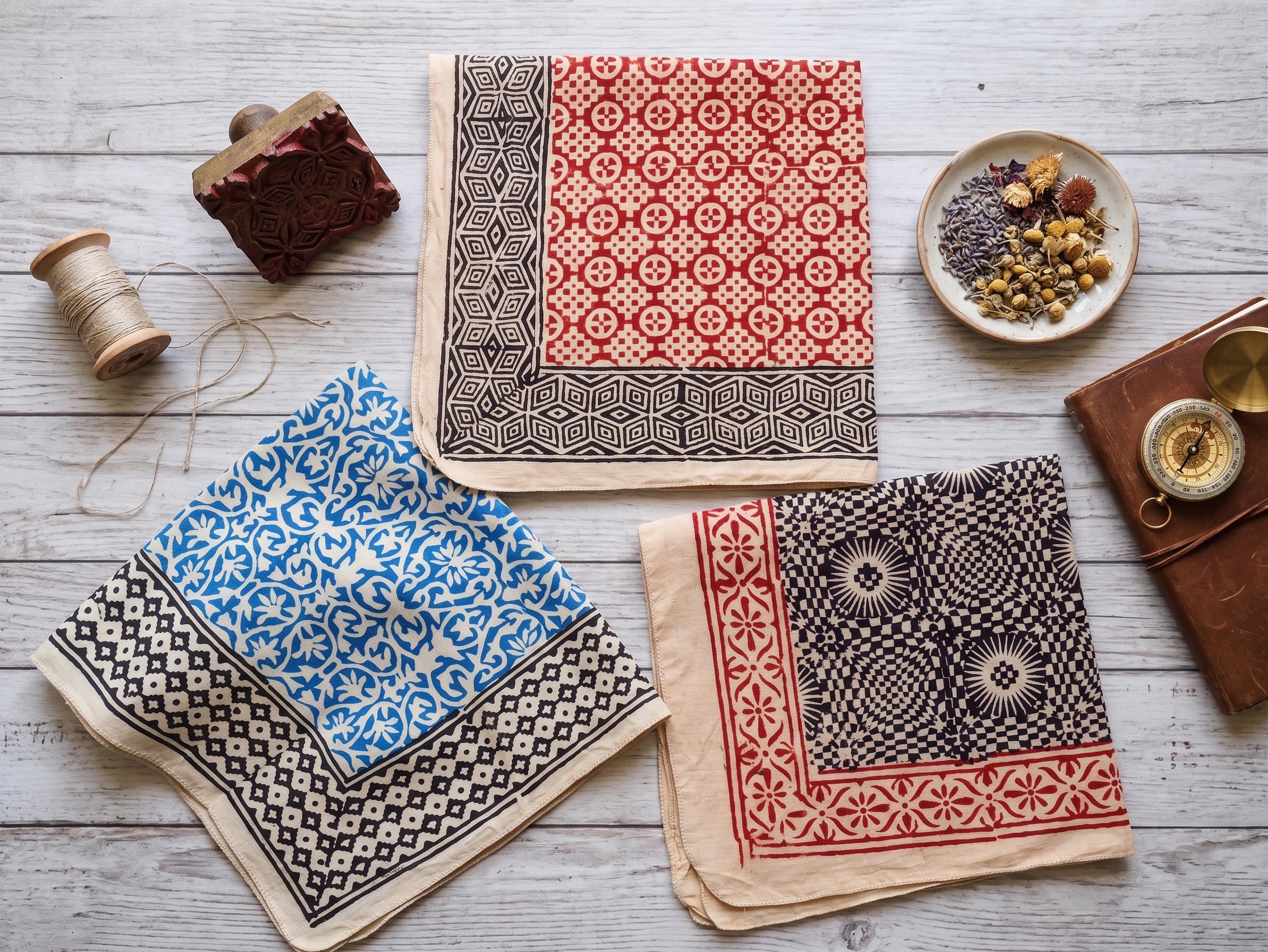 Set of 3 Hand Block Print Bandanas, Cotton Bandana Bundle, Boho Head Scarf, Floral Bandana Set, Handmade Gift for Women