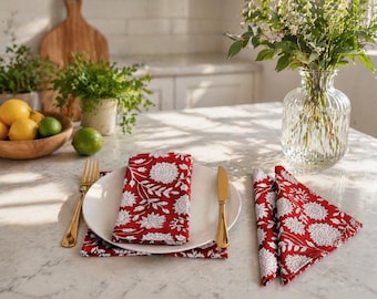 Rot Floral Stoffservietten Set Handblock Print Servietten, Baumwolle Dinner Servietten, wiederverwendbare Tischwäsche, für Hochzeit Tisch, Eco freundliche Servietten