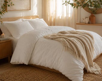 Ensemble housse de couette en lin blanc | Literie neutre minimaliste | Décoration de chambre à coucher en lin lavé doux | Literie de luxe confortable