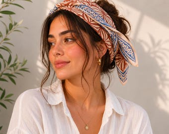 Hand Block Print Cotton Bandana Head Scarf for Women | Boho Hair Wrap | Floral Bandana | Rustic Brown Blue Headscarf | Summer Hair Accessory
