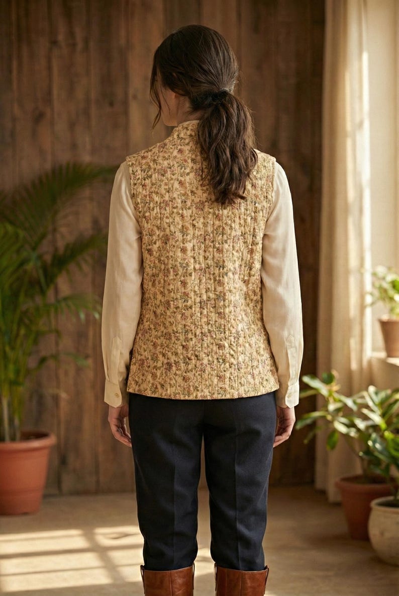 Chaqueta acolchada de algodón con estampado floral para mujer / Chaleco indio sin mangas / Chaqueta étnica hecha a mano imagen 3