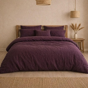 Pruimpaars linnen dekbedovertrekset, rustiek slaapkamer beddengoed, zacht gewassen linnen dekbedovertrek, minimalistisch interieur, queen king size beddengoed