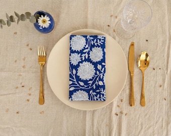 Blue Floral Cotton Napkin Set, Hand Block Print Table Napkins, Indigo White Flower Print Cloth Napkin, Reusable Dinner Napkin |