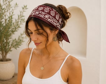Brown Hand Block Print Cotton Bandana, Boho Head Scarf, Indian Floral Bandana, Square Neck Scarf, Western Hair Wrap, Gift for Her