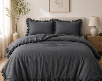 Charcoal Grey Linen Duvet Cover Set with Ruffle Edges, Washed Soft Bedding, Minimalist Modern Bedroom Comforter Cover, Modern Rustic Bedding