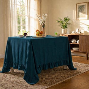 Teal Blue Ruffle Tablecloth, Linen Dining Table Cover, Elegant Farmhouse Table Linen, Rectangular Tablecloth, Handmade Home Decor