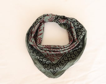 Sage Green Floral Block Print Bandana Scarf | Cotton Neck Scarf for Women | Handmade Square Hair Bandana