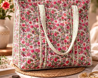 Handgemachte Blumen Baumwoll Tragetasche für Frauen, Gesteppte Indische Block Print Schultertasche, Große Wiederverwendbare Einkaufstasche, Boho Reise Strand Tote |