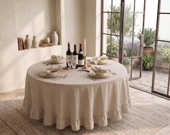 Nappe en lin beige avec bord à volants - Déco de table artisanale en lin naturel - Cadre de table rustique et rustique pour la salle à manger
