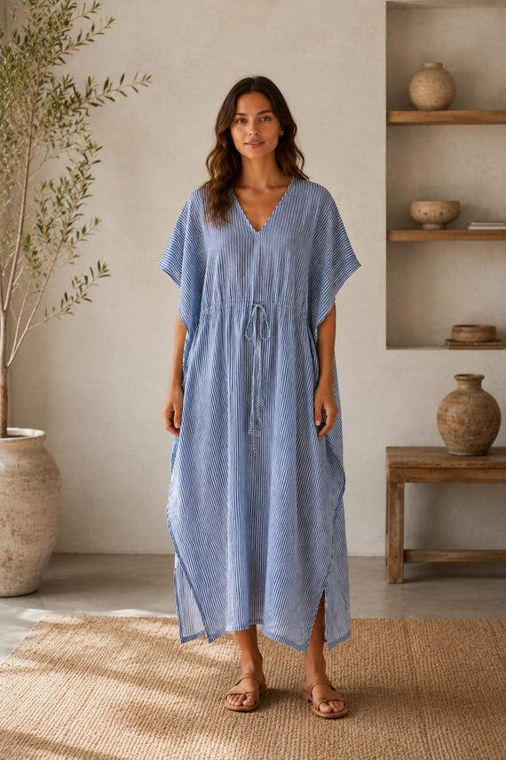 blue and white kaftan dress Striped Linen Dress, Women's Beach Cover Up, Oversized Caftan, Drawstring Waist Maxi Dress, Resort Wear 136 cm bust circumference