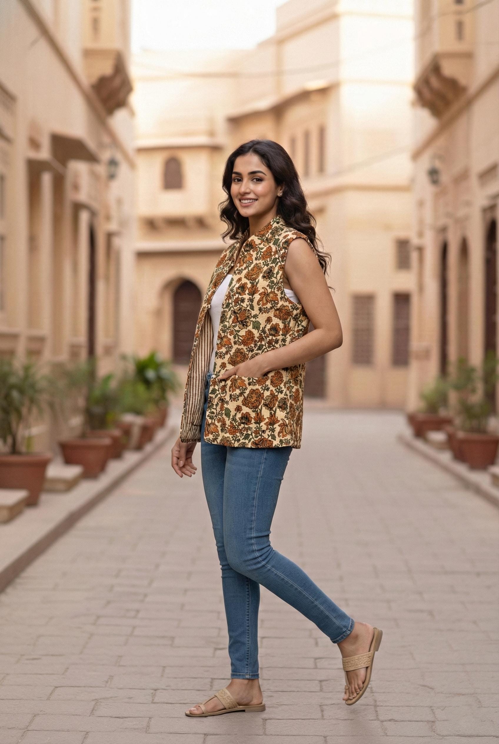 Handmade Cotton Sleeveless Jacket | Women's Quilted Floral Vest